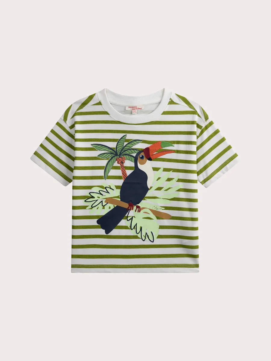 T-shirt listrada flameando com animação de papagaio