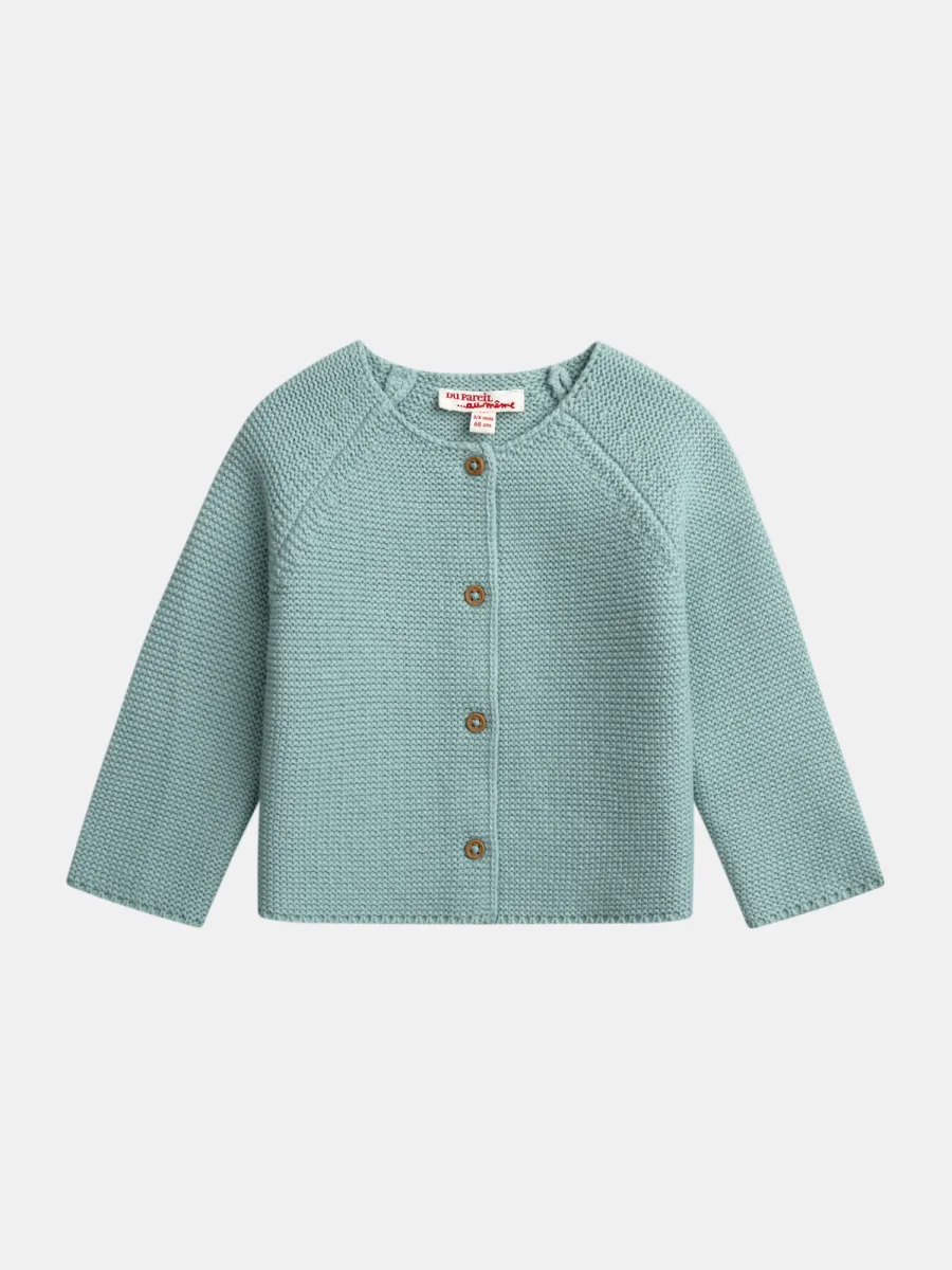 Cardigan de malha azul polvorento para bebé menina