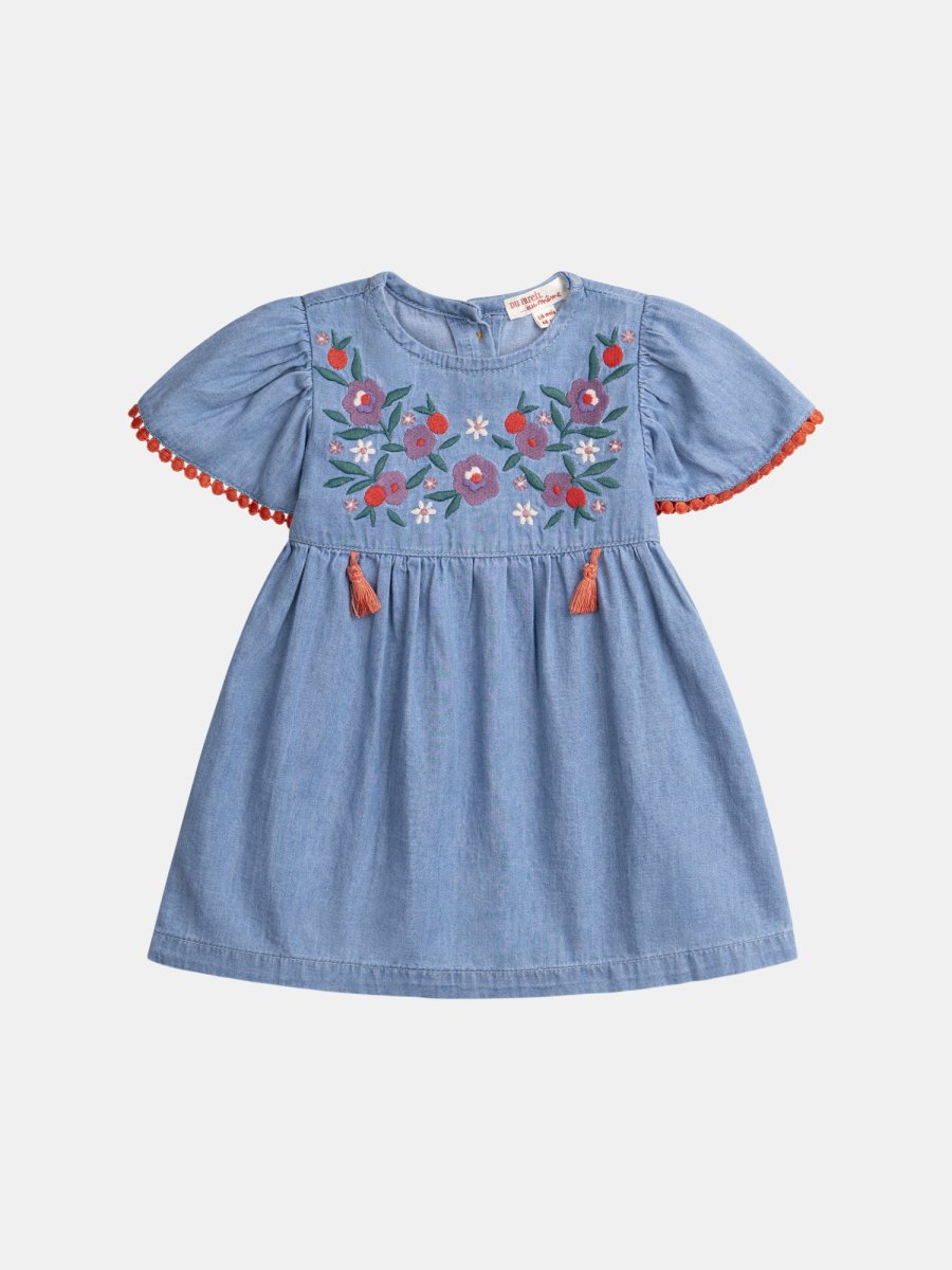 Vestido de chambray bordado com pompons para bebé menina