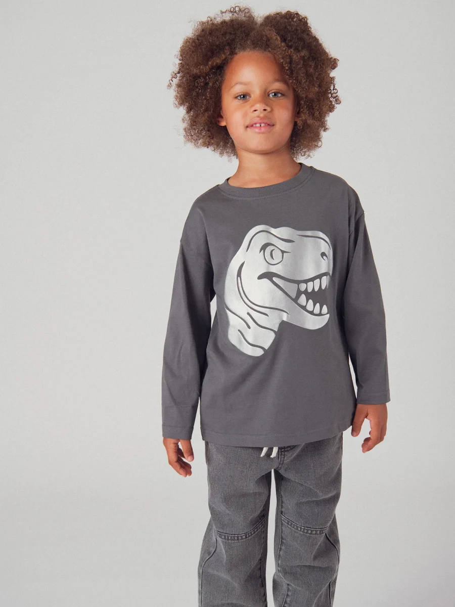 T-shirt cinza de mangas longas com animação de cabeça de dinossauro para garoto - Image 4