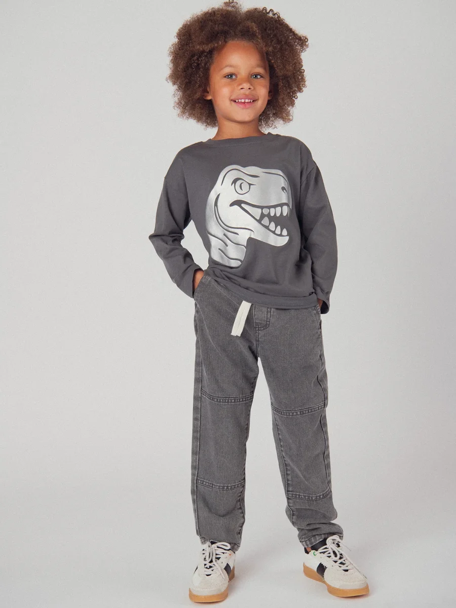 T-shirt cinza de mangas longas com animação de cabeça de dinossauro para garoto - Image 3