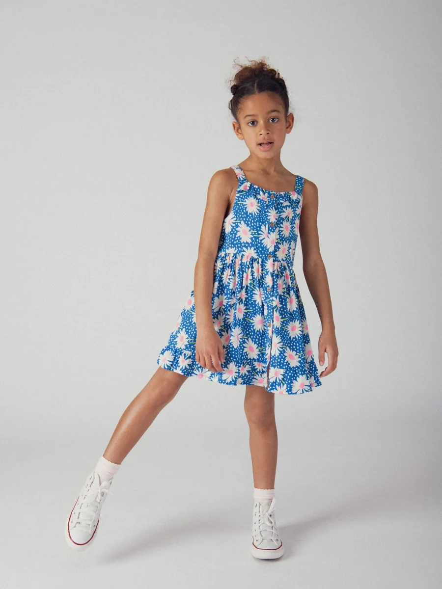 Vestido azul com padrão de flores para meninas - Image 4